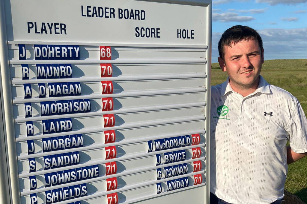 Ross Munro poses by the leaderboard